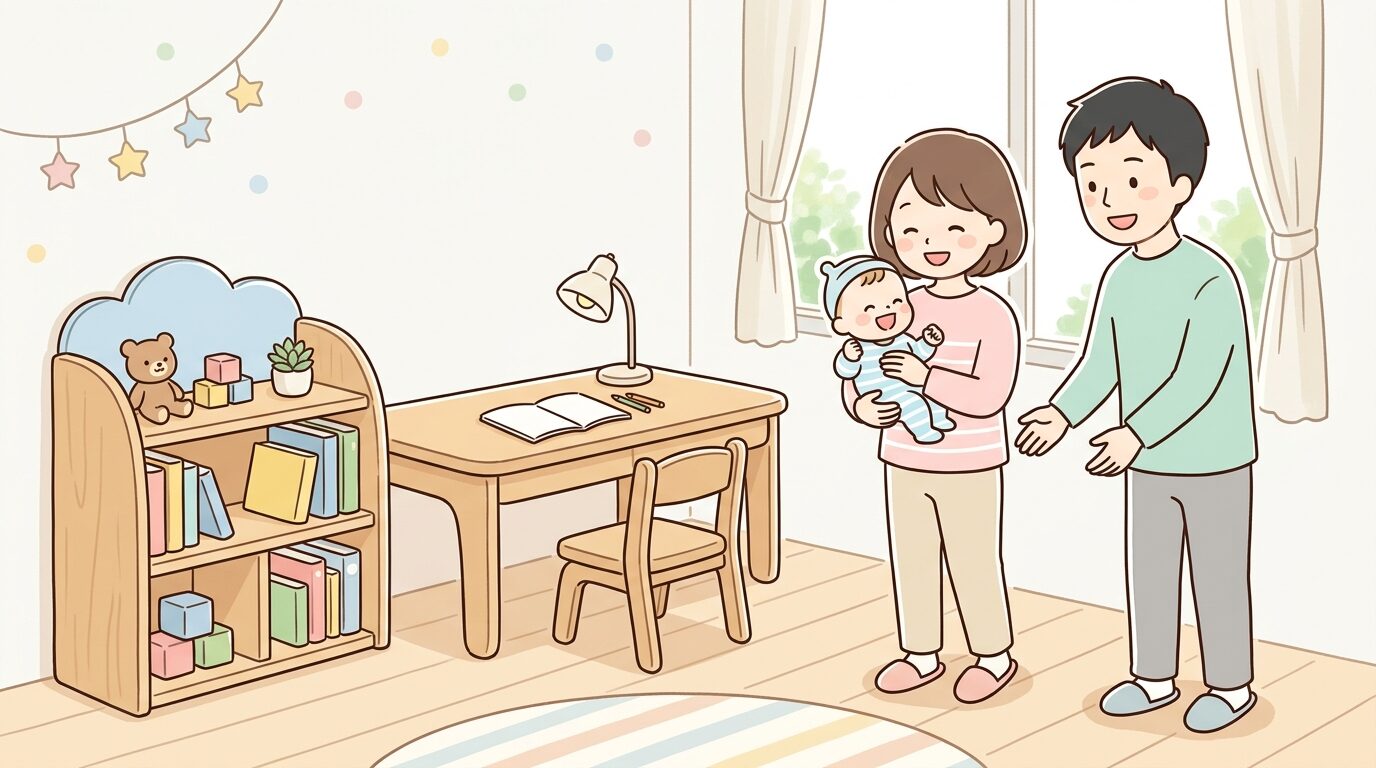 明るい子ども部屋で木製の学習机と収納棚を眺める若い夫婦と赤ちゃん