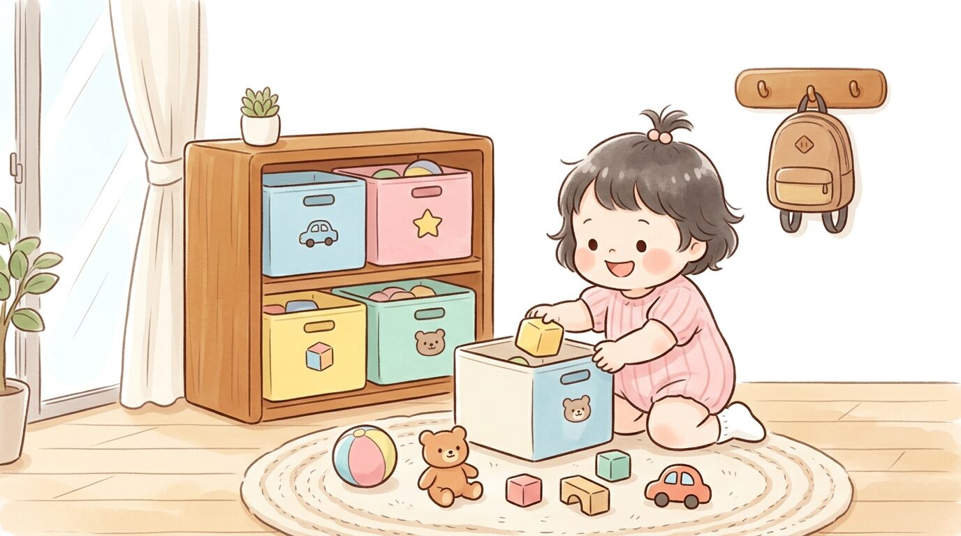 おもちゃを自分で片付ける1歳児と、カラフルな収納ボックスが並ぶ子供部屋