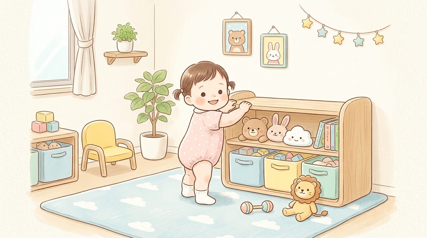 つかまり立ちをする赤ちゃんと、低めの収納棚がある安全な子供部屋のインテリア