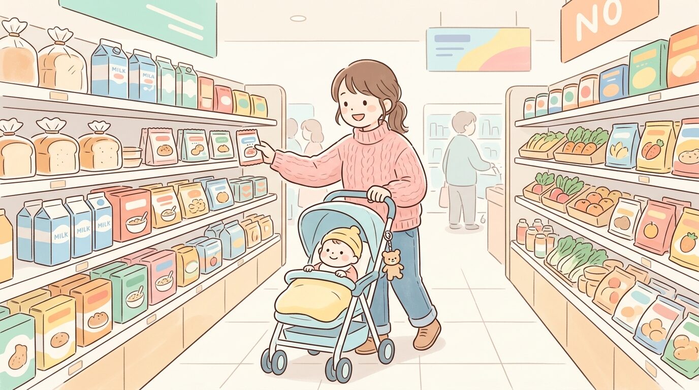 ベビーカーを押しながらスーパーの通路で商品を選ぶ若い母親、明るい店内の雰囲気