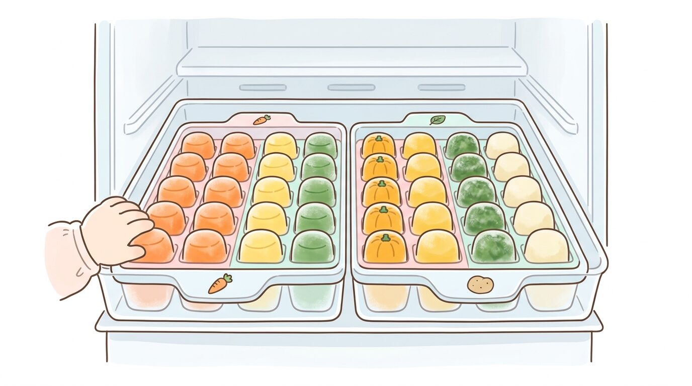 冷凍庫の中に整理して収納された離乳食用の小分け冷凍野菜キューブ
