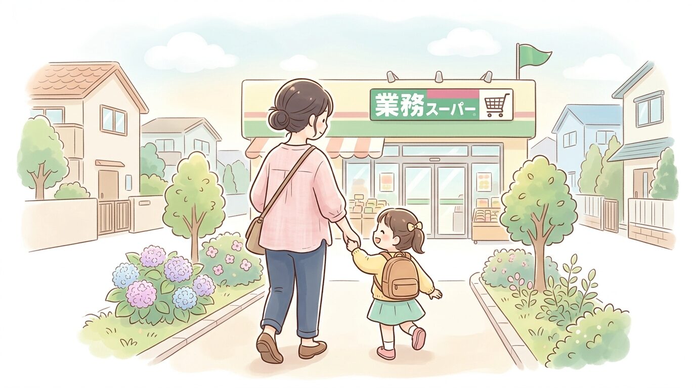 住宅街の中にある業務スーパーの店先で子どもの手を引いて歩く親子の後ろ姿