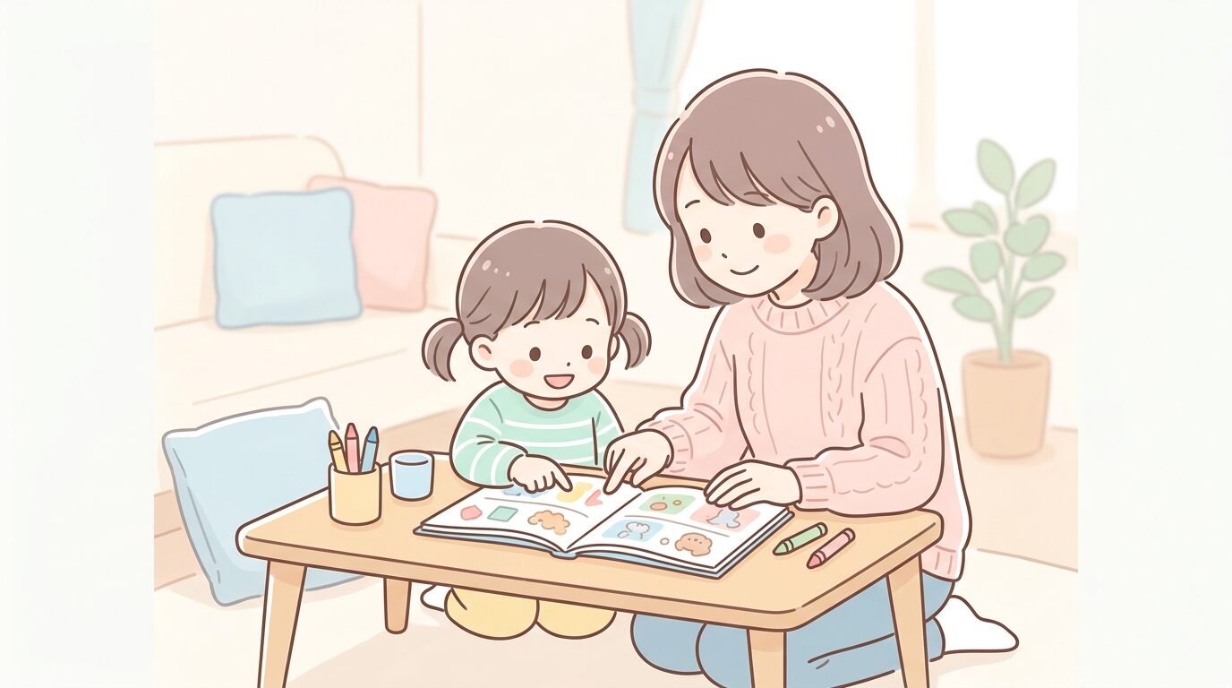 リビングのローテーブルで幼児教材のワークブックを広げ、親子で一緒に指差ししながら学ぶ3歳児と母親の温かい様子