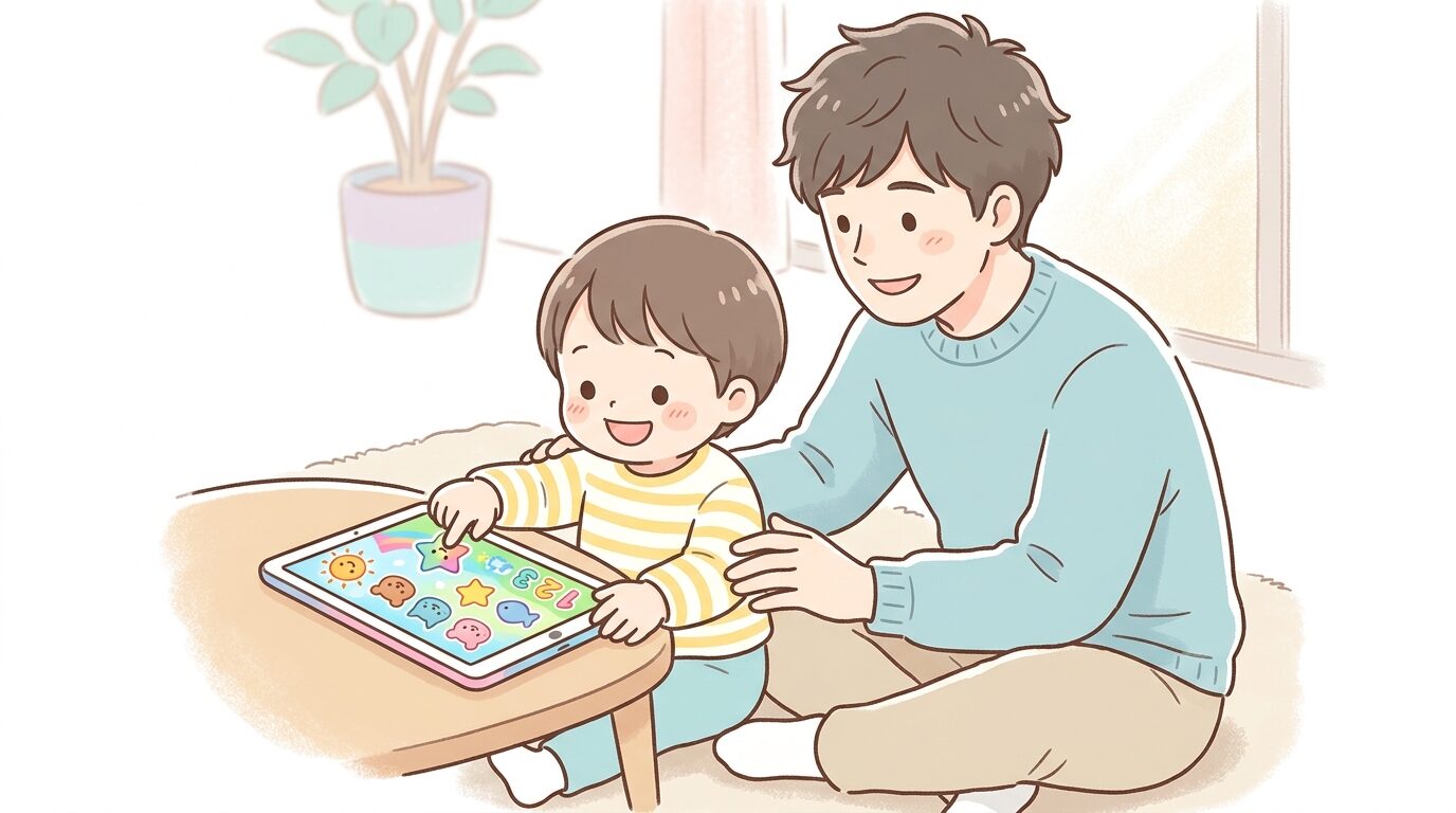 タブレットの知育アプリ画面を指でタッチしながら笑顔で操作する幼児と、隣で見守る父親の様子
