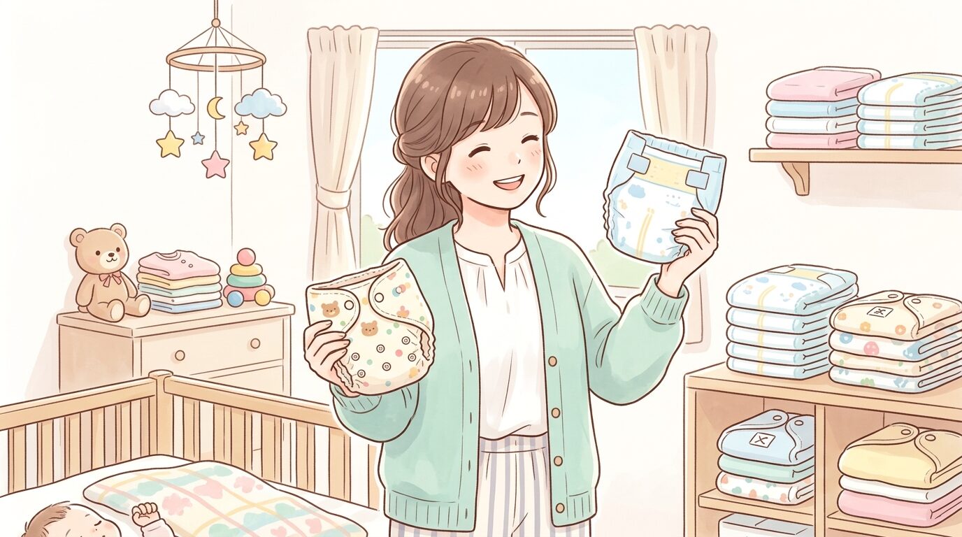 明るいベビールームで紙おむつと布おむつを両手に持ち比べている若い母親の様子