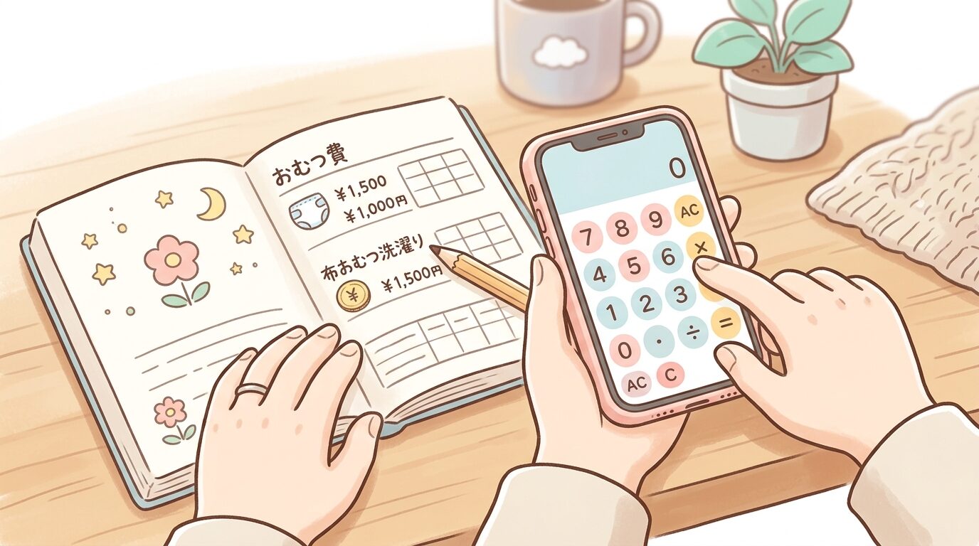 家計簿とスマートフォンの電卓アプリでおむつ代を計算する親の手元