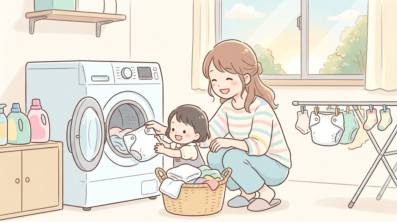 洗濯機の前で布おむつを干す準備をする親子の穏やかな午後の風景