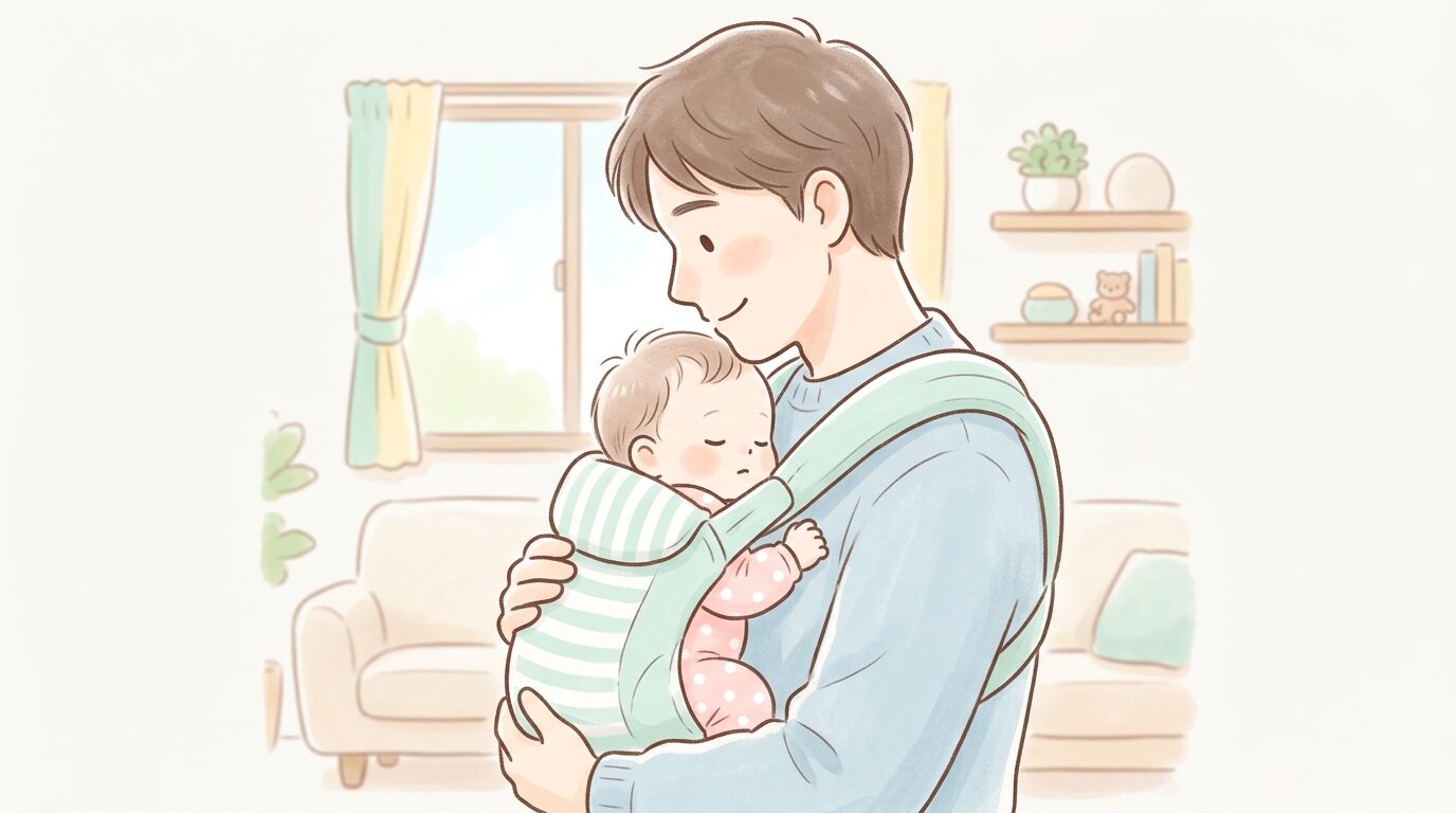 リビングで抱っこ紐を装着し、生後2か月ほどの赤ちゃんを優しく抱く父親の横顔アップ