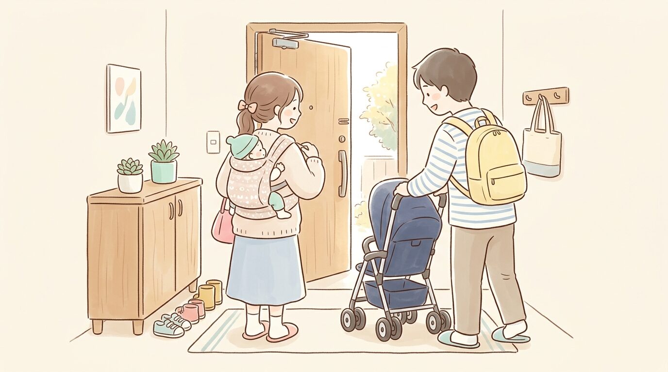 玄関先でベビーカーと抱っこ紐の両方を準備し、出かける支度をする家族の後ろ姿