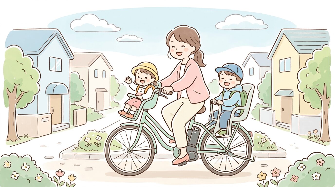 朝の住宅街で電動アシスト自転車の前後にチャイルドシートを装着し、幼い子ども二人を乗せて保育園へ向かう笑顔の母親