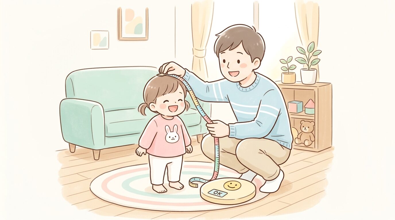 リビングでメジャーを使い、電動自転車のチャイルドシートに乗る前に子どもの身長と体重を確認する父親