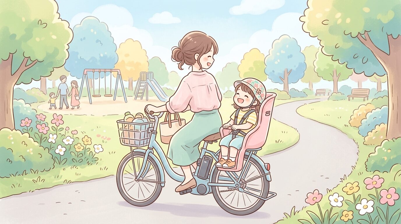 公園近くの道を電動自転車で走行しながら、後ろに乗った子どもと笑顔で会話をする母親の後ろ姿
