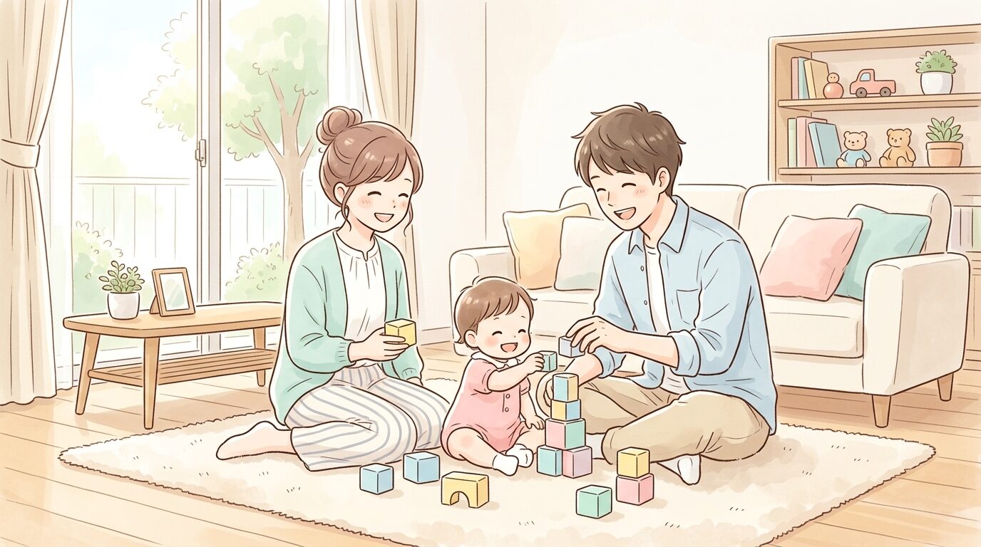 リビングで幼児と積み木遊びをする若い夫婦、明るい自然光が差し込む室内