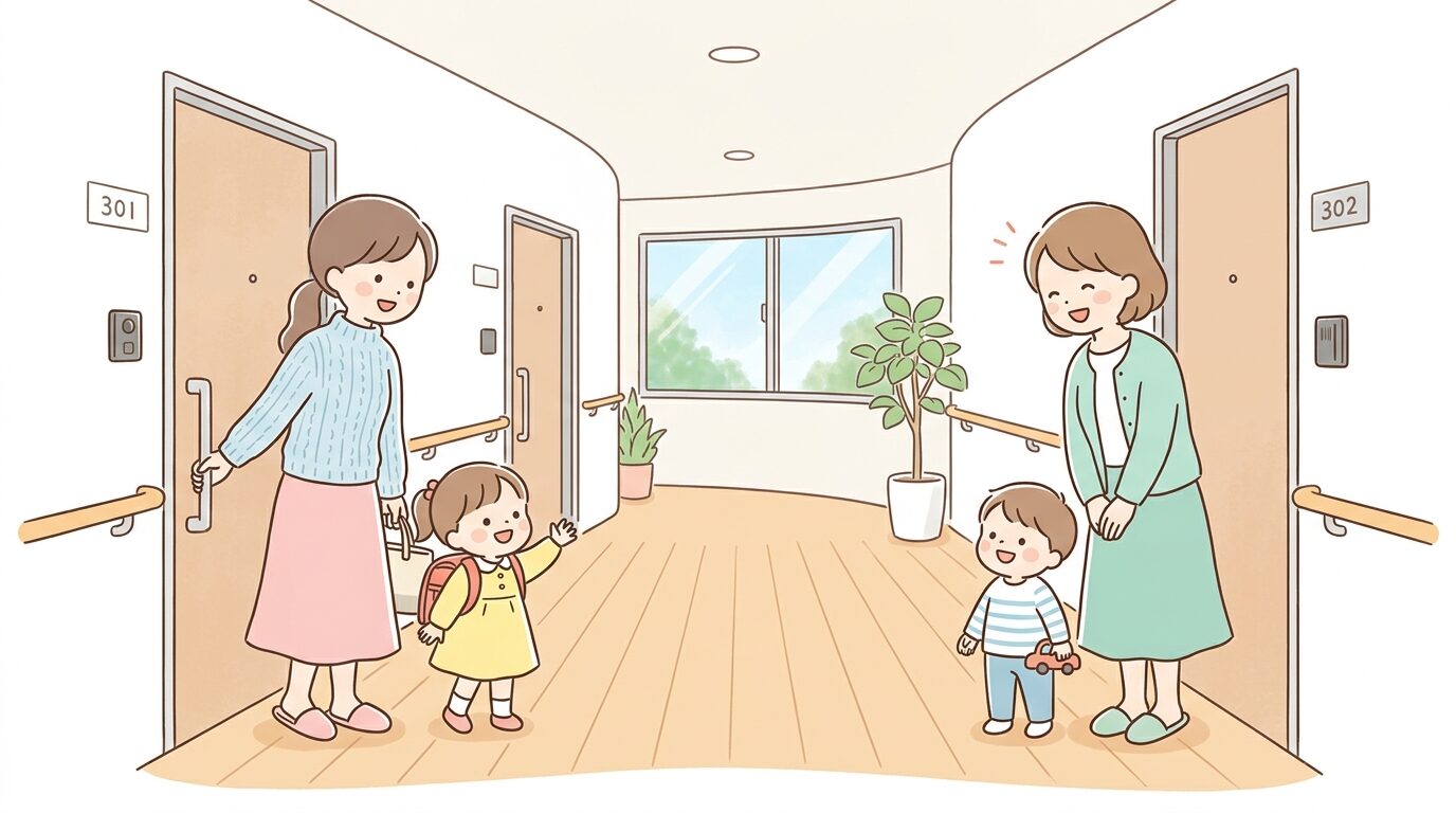 マンションの共用廊下で近所の親子同士が挨拶を交わす様子、温かい雰囲気