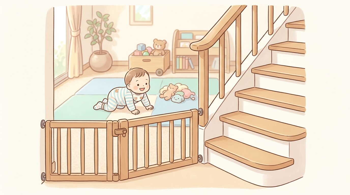 階段に設置されたベビーゲートと、その奥でハイハイする赤ちゃん、柔らかい室内照明