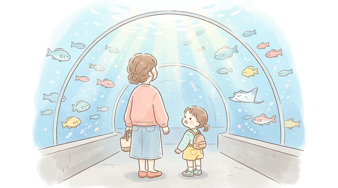 しながわ水族館のトンネル水槽を見上げる親子連れの後ろ姿、優しい光が差し込む幻想的な雰囲気