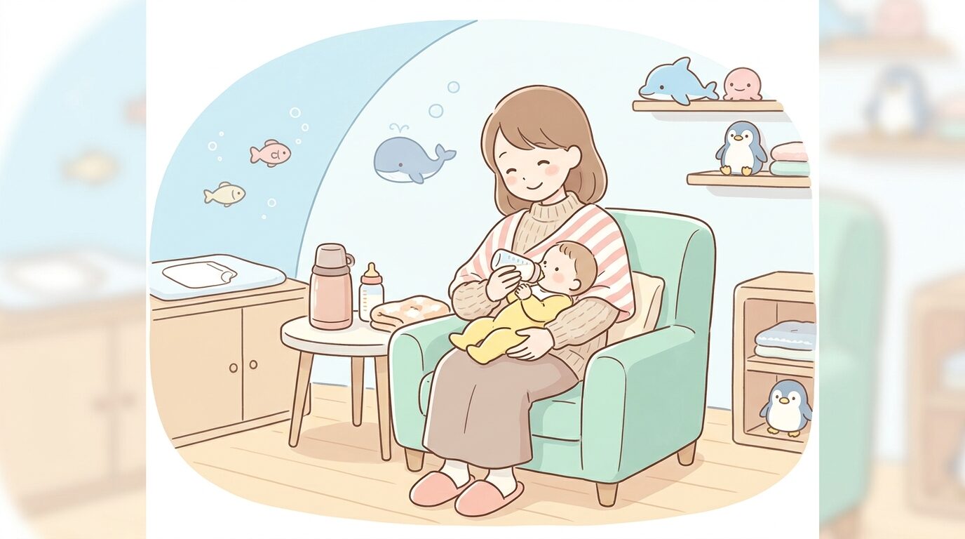 水族館のベビールームで赤ちゃんにミルクをあげる母親、柔らかい室内照明の落ち着いた空間