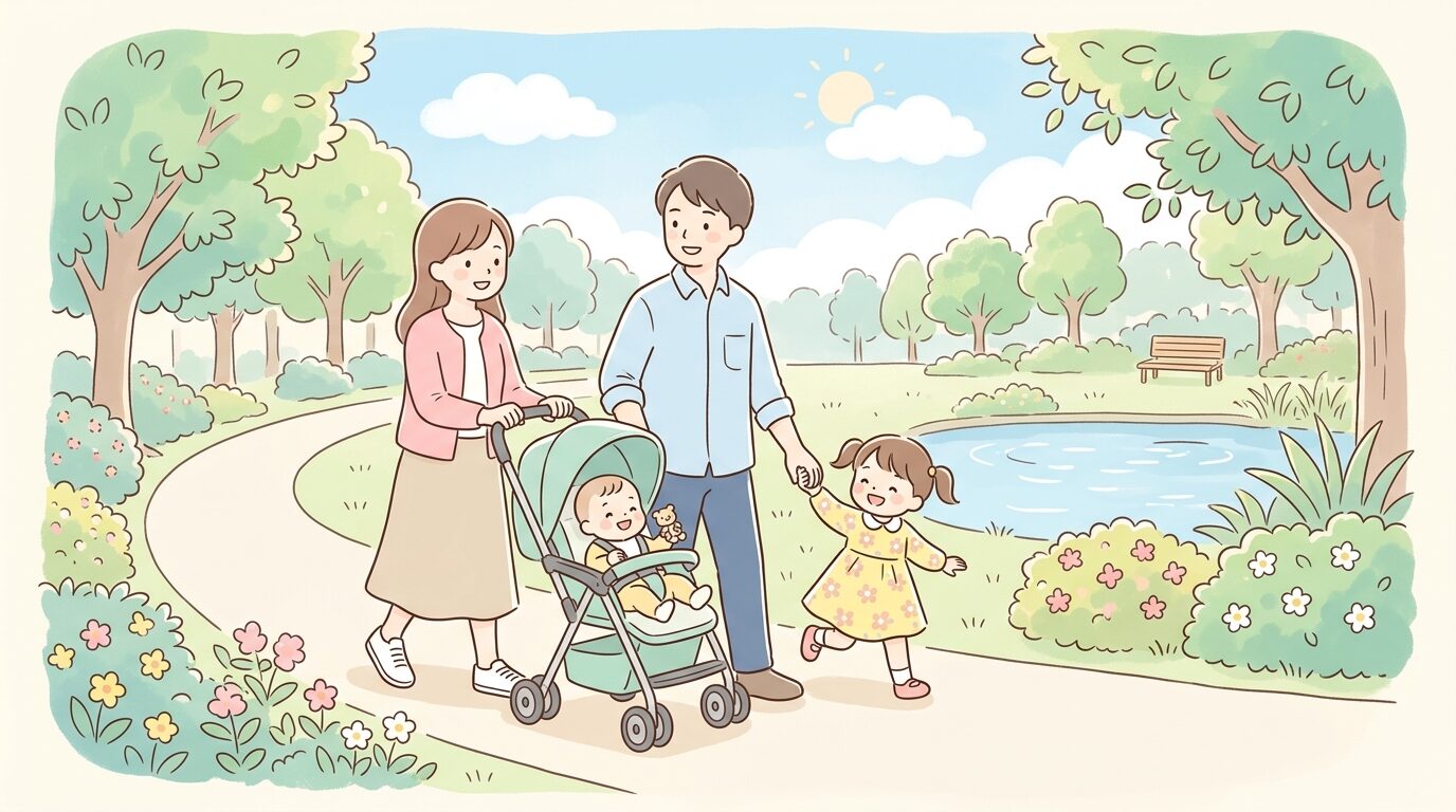 しながわ区民公園の遊歩道をベビーカーを押して歩く家族、晴れた日の穏やかな公園風景