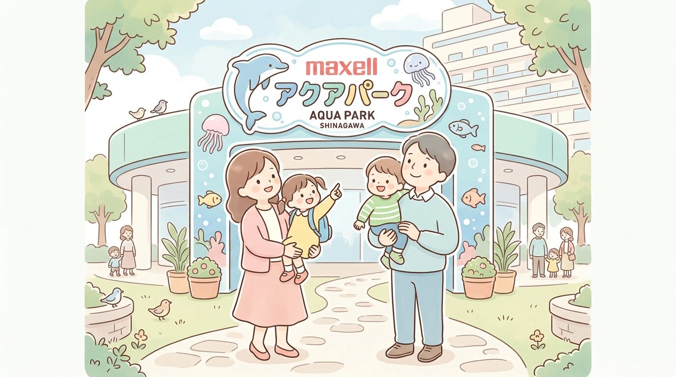 品川プリンスホテル敷地内の入り口で水族館の看板を見上げる親子連れ