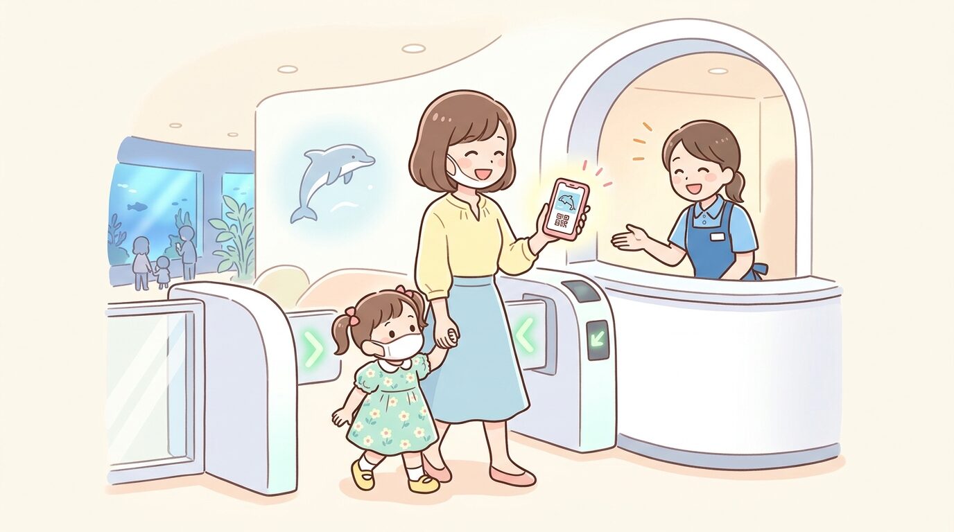 スマートフォンでオンラインチケットの画面を見せながら入場ゲートを通る母親と幼児