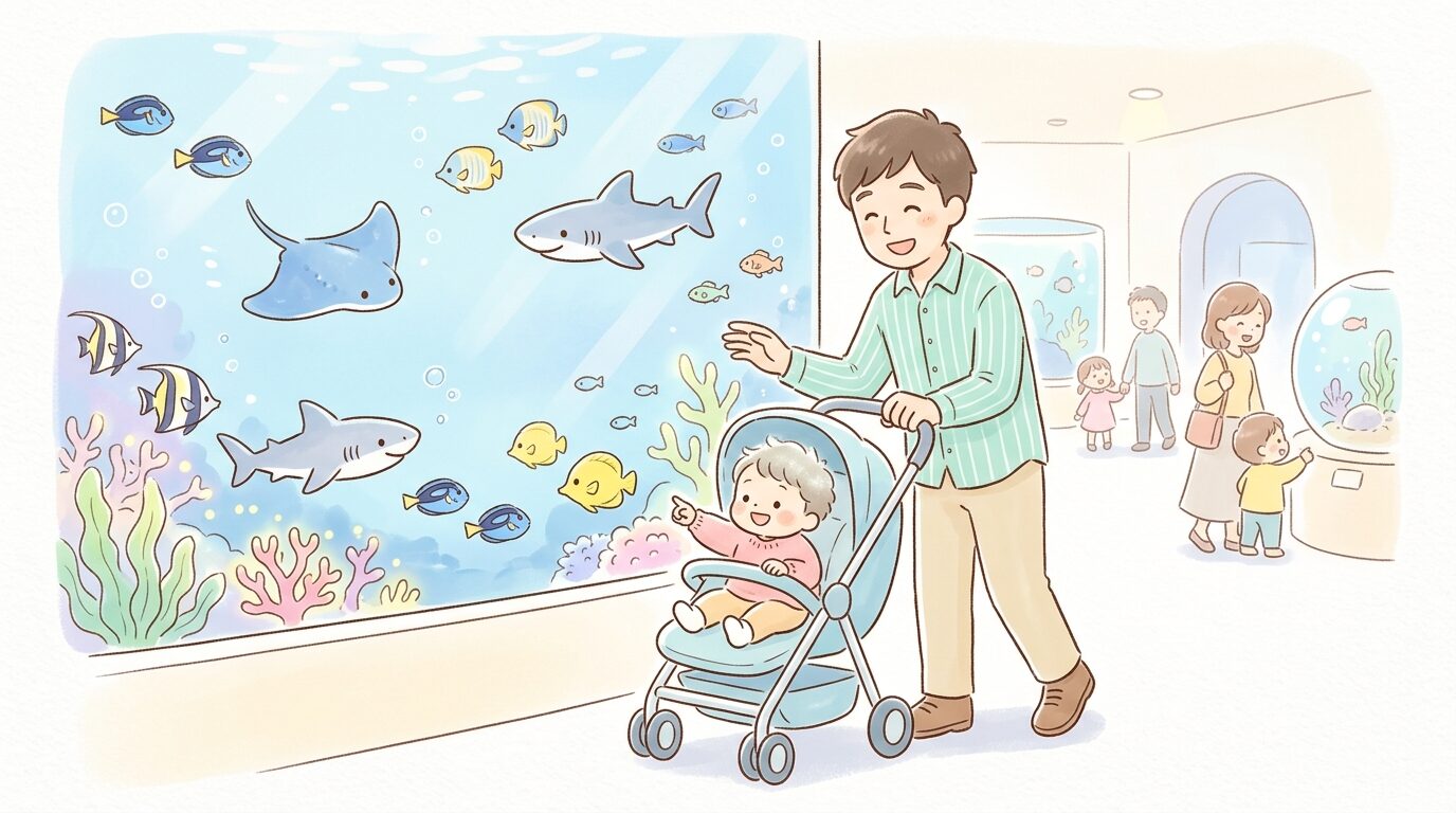 ベビーカーを押しながら水槽の前で立ち止まる父親と1歳くらいの子ども