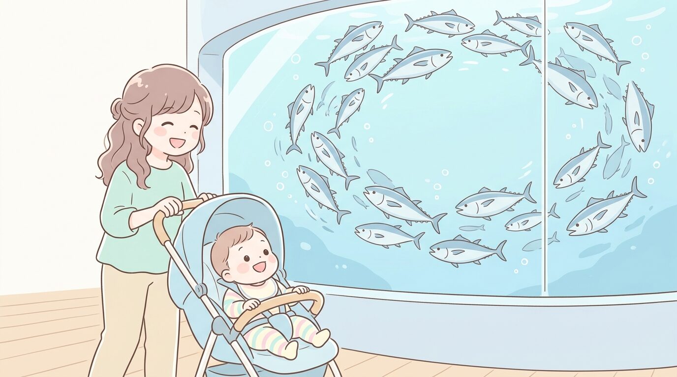 ベビーカーに乗った1歳前後の赤ちゃんと若い母親が、大きなガラス水槽の前でマグロの群れを見上げて微笑んでいる様子