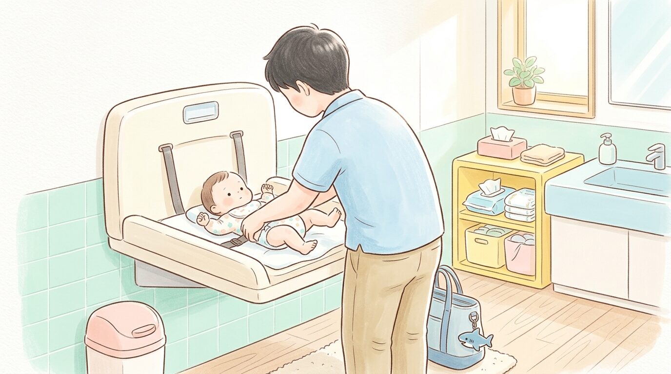 水族園のトイレ内にあるおむつ替え台で赤ちゃんのおむつを交換する父親の後ろ姿、明るく清潔な室内