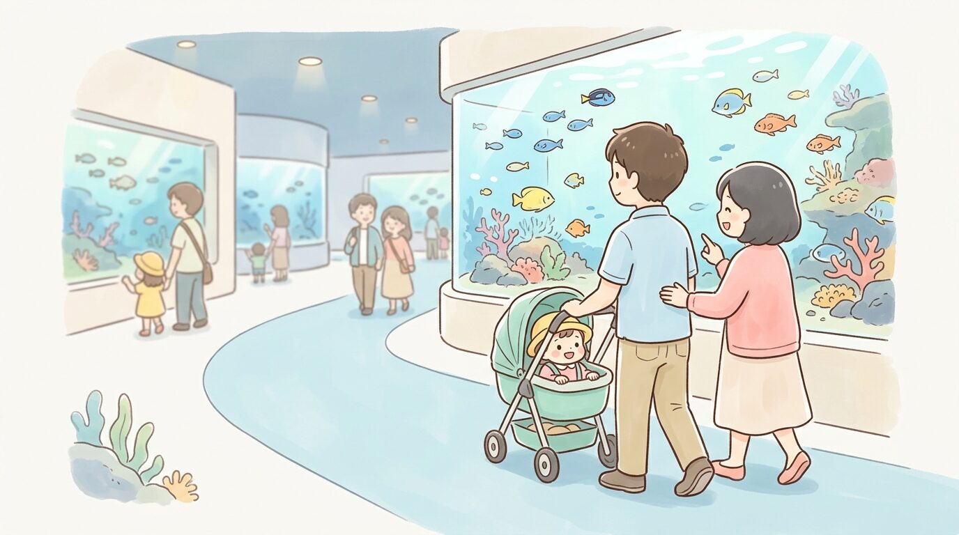 平日の午後、程よい人出の館内でベビーカーを押しながらゆったりと水槽を見て回る家族連れの後ろ姿