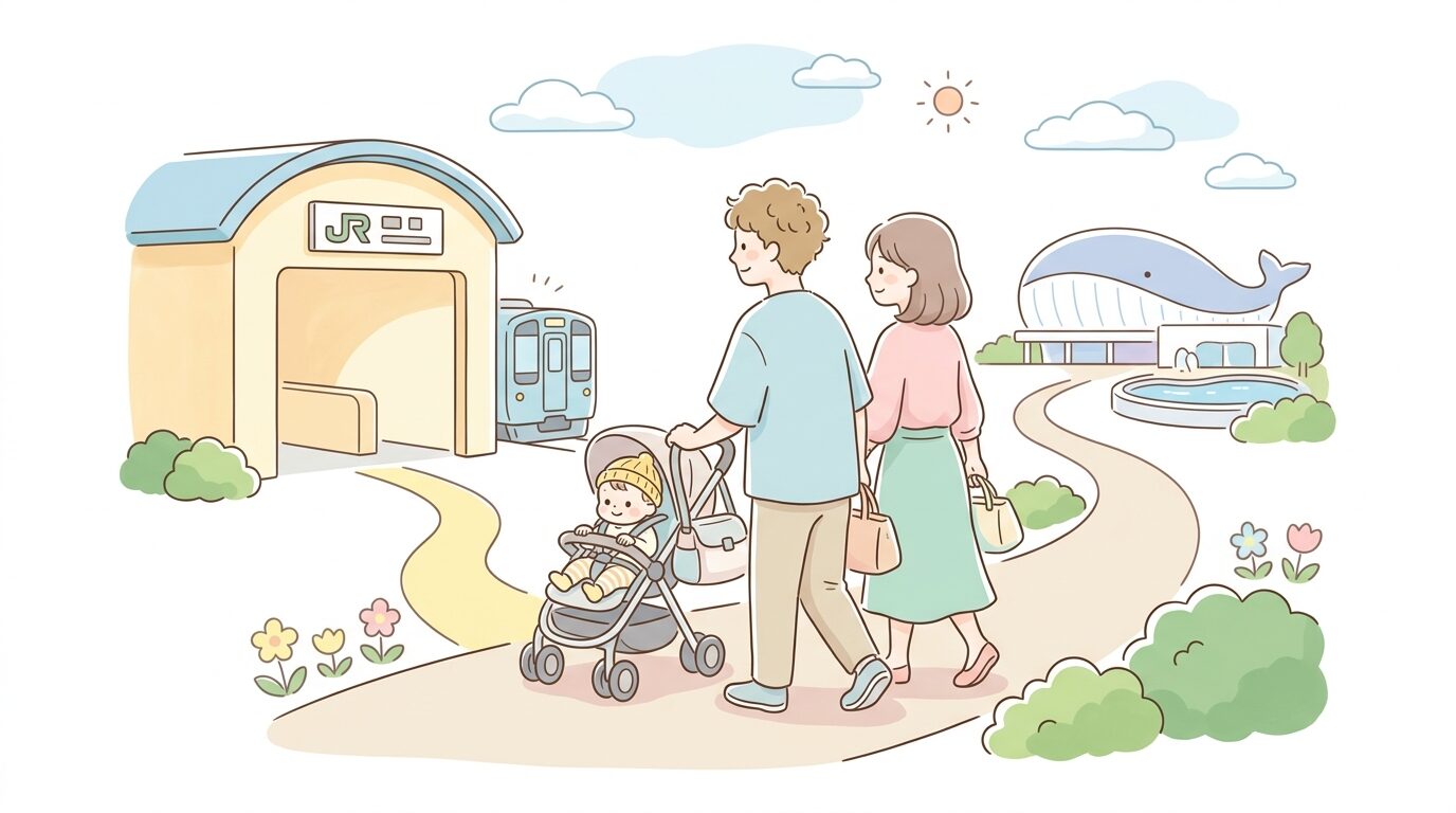 JR仙石線の駅からベビーカーを押しながら水族館へ向かう若い夫婦と幼児の後ろ姿