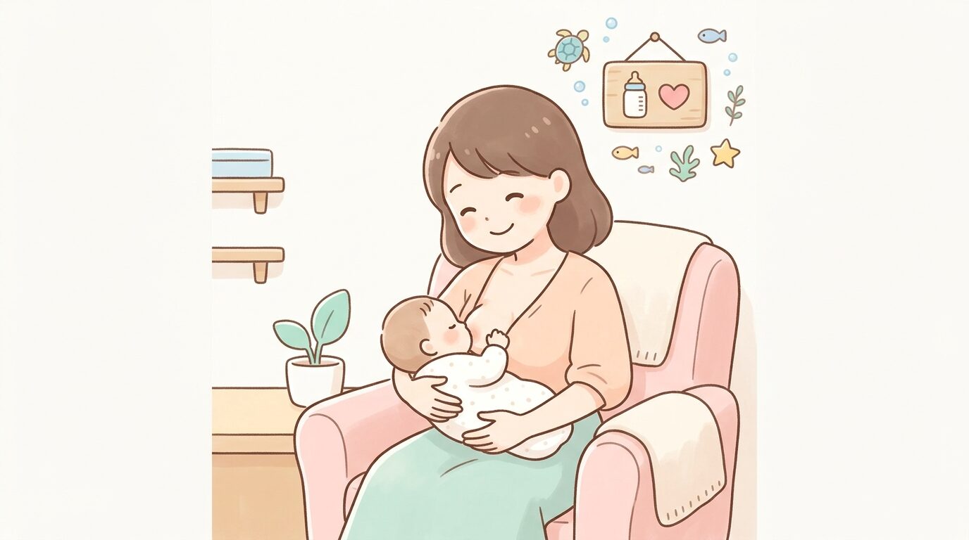 水族館の授乳室で赤ちゃんに優しく授乳する母親の柔らかな表情
