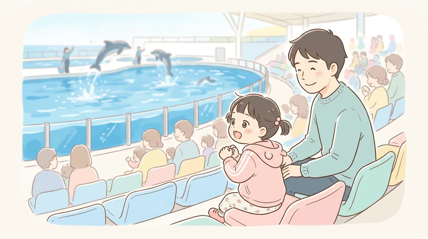 イルカショーの観客席で目を輝かせて水槽を見つめる幼児と隣に座る父親