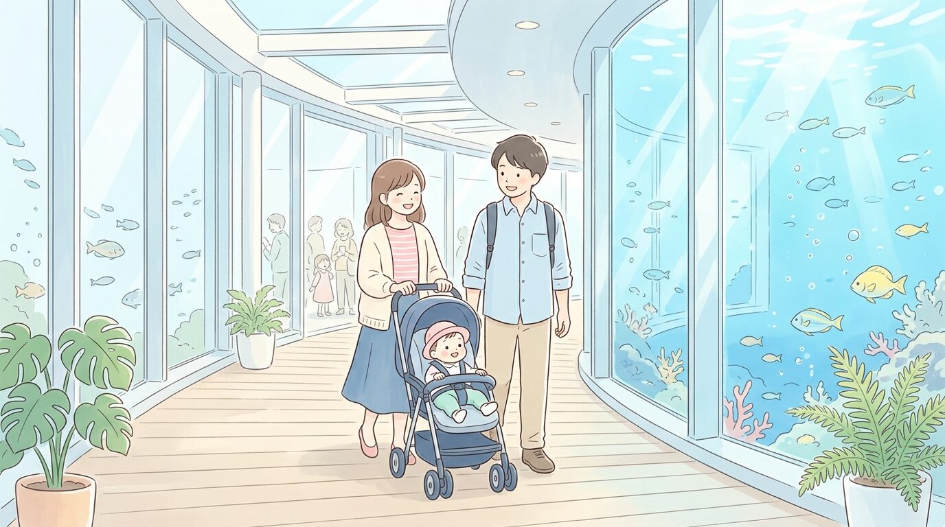 明るいガラス張りの水族館通路をベビーカーを押しながら歩く若い夫婦と赤ちゃん