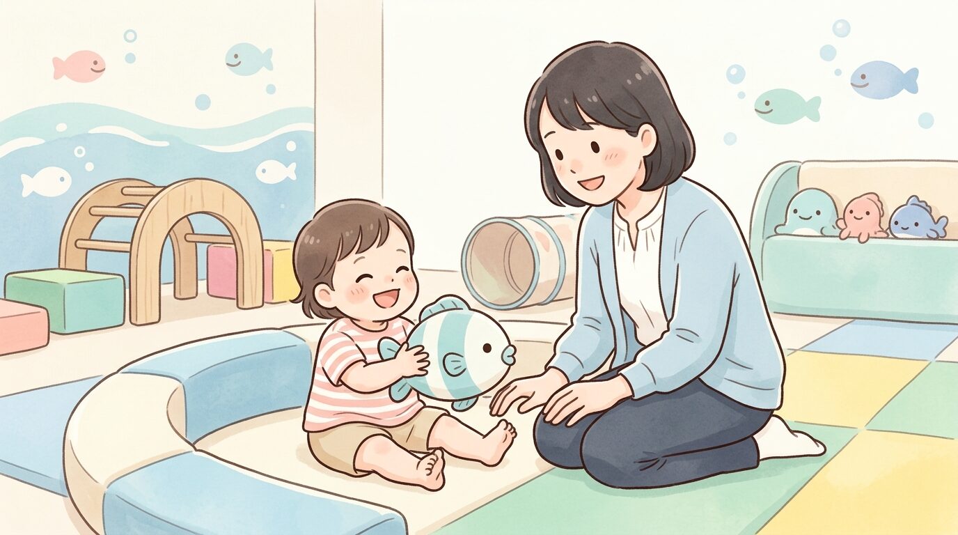 キッズスペースで魚のぬいぐるみを持って笑う1歳くらいの子どもと見守る母親