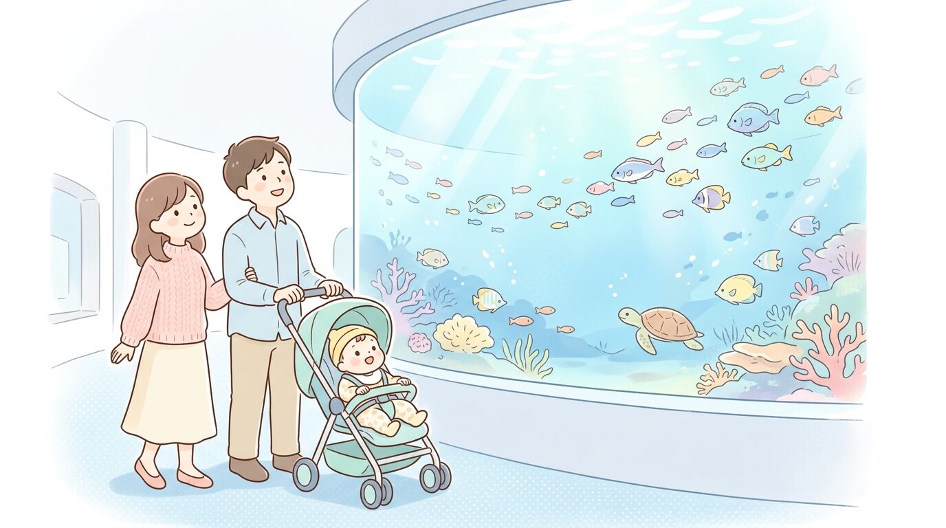 開館直後の静かな水族館通路で大きな水槽をベビーカーの赤ちゃんと一緒に見上げる家族