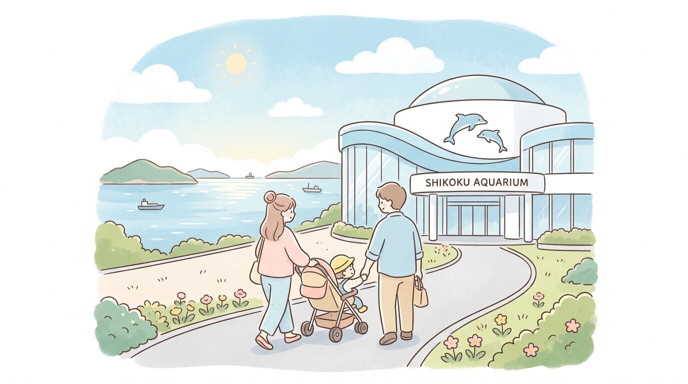 瀬戸内海を背景にした四国水族館の外観とベビーカーを押す家族の後ろ姿