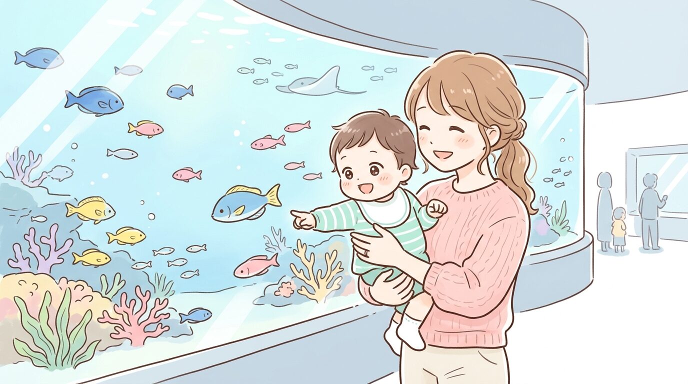 大きな水槽の前で目を輝かせながら魚を見つめる1歳前後の赤ちゃんとその母親