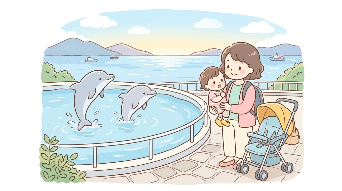 別府湾を背景に親子でイルカのプールを見つめる小さな子どもとベビーカー