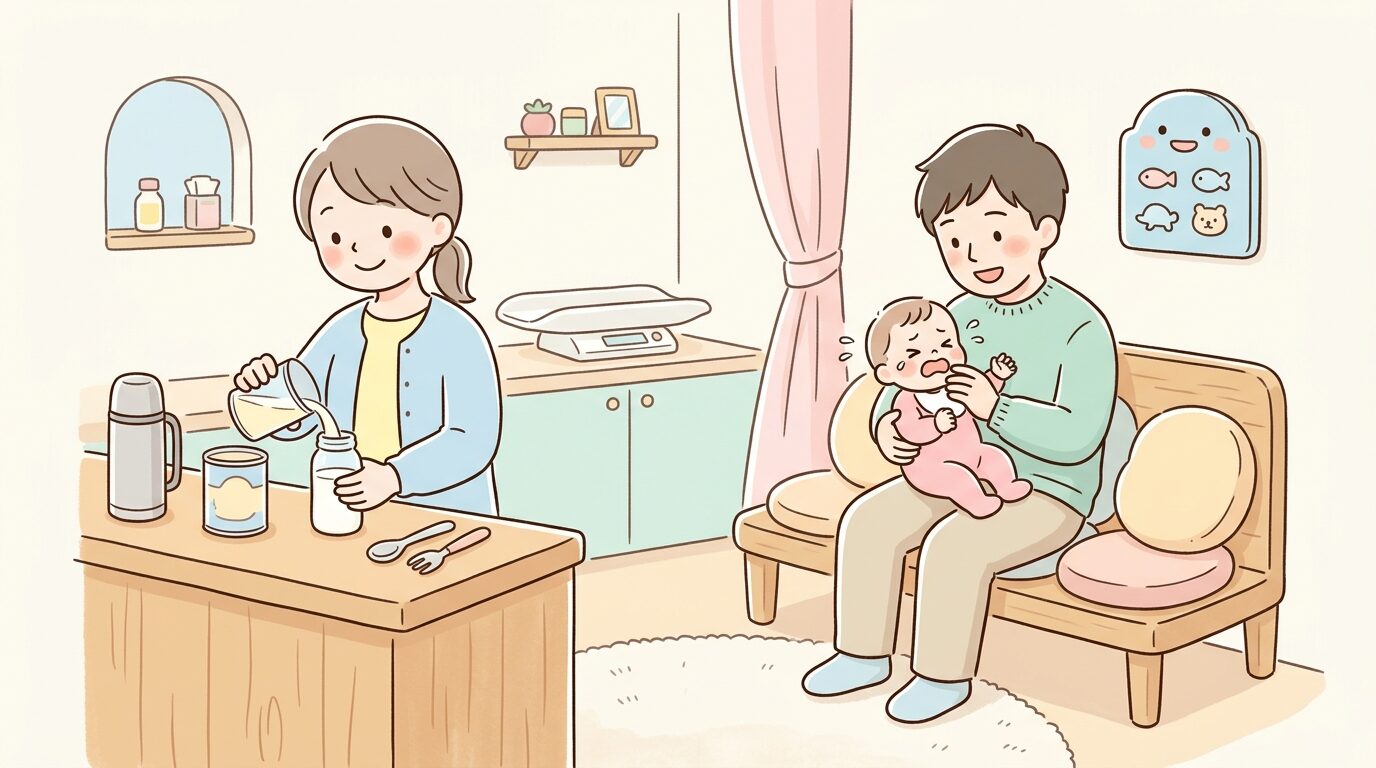 授乳室でミルクを準備する母親と、隣でぐずる赤ちゃんを見守る父親の様子