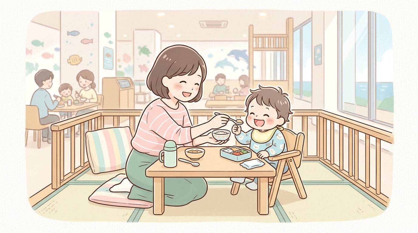 フードコートの小上がりスペースで離乳食を食べさせる親と楽しそうな幼児