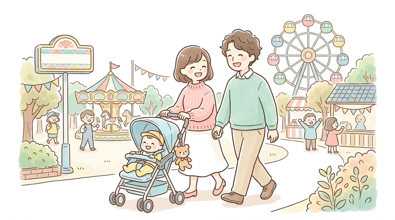 昭和レトロな雰囲気の遊園地でベビーカーを押しながら歩く若い夫婦と赤ちゃん