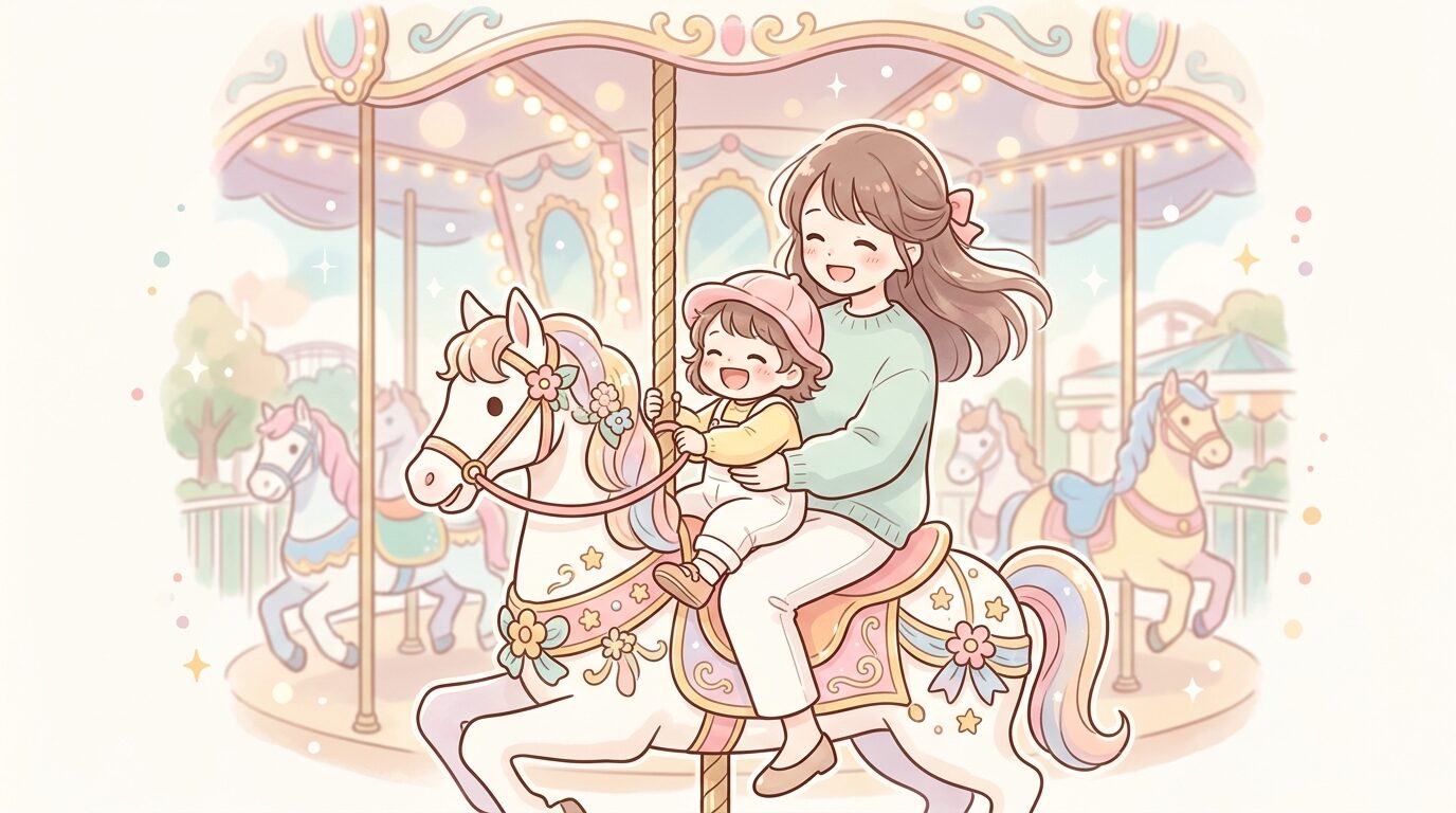 メリーゴーランドに親子で楽しそうに乗る2歳くらいの子どもと母親