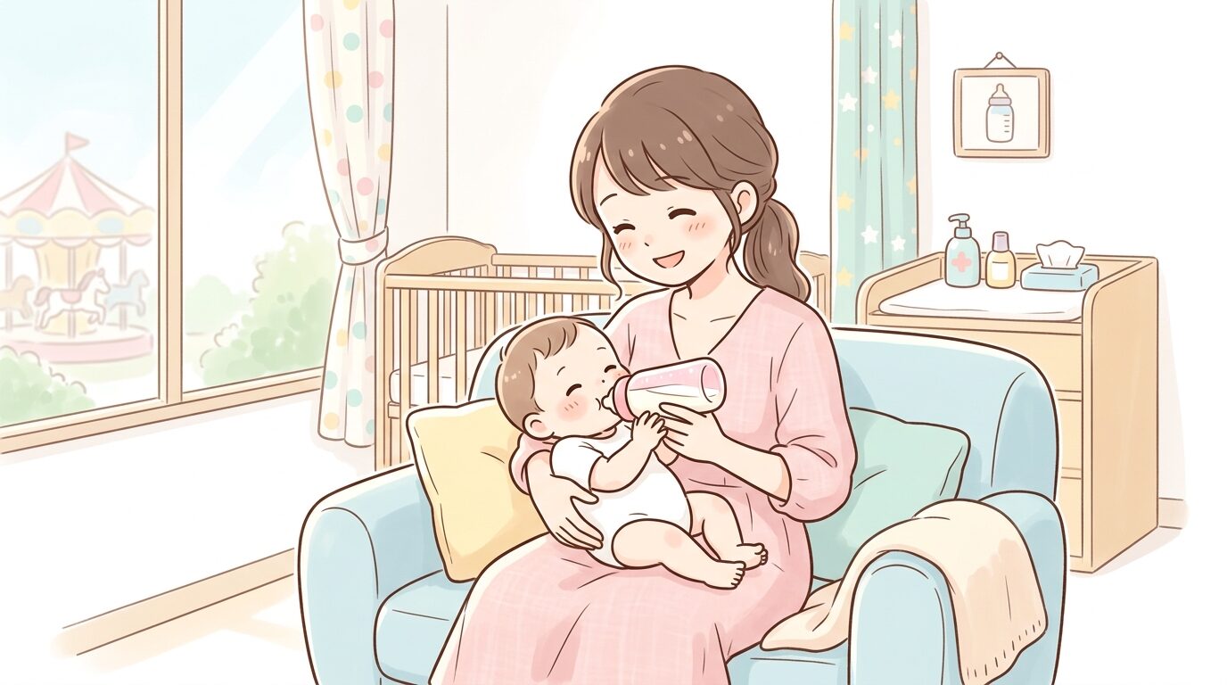授乳室で赤ちゃんにミルクをあげながらくつろぐ母親の柔らかい光の中の写真