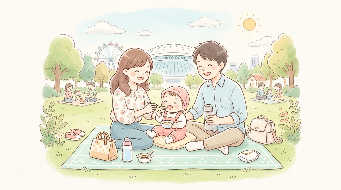 芝生広場でレジャーシートを広げ離乳食を食べさせる家族の様子
