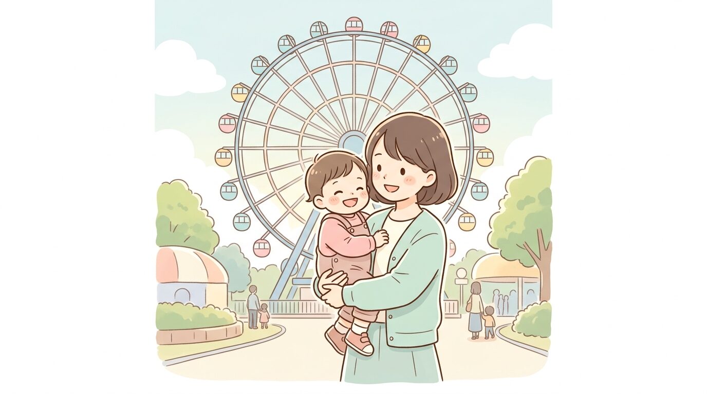 観覧車の前で親に抱っこされ笑顔を見せる小さな子ども
