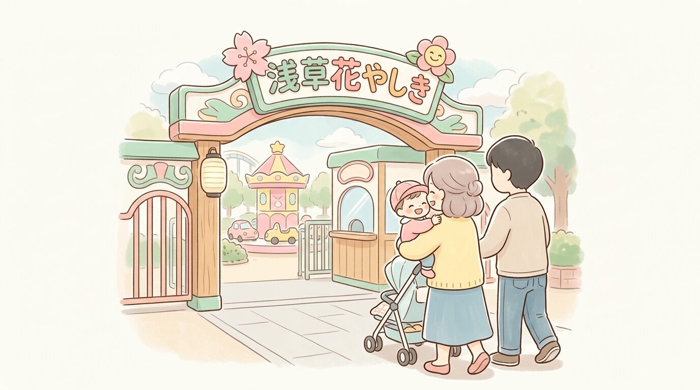 浅草花やしきの入園ゲート前で1歳の子どもを抱っこする母親と、ベビーカーを押す父親の後ろ姿。背景にレトロな遊園地の看板が見える