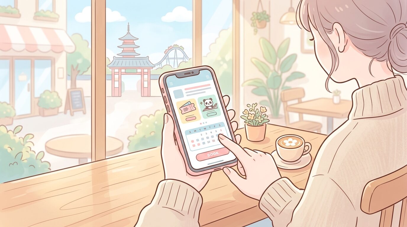 スマートフォンで浅草花やしきの公式チケットサイトを見ながら予約する30代女性の手元。カフェの窓際で明るい自然光が差し込む雰囲気