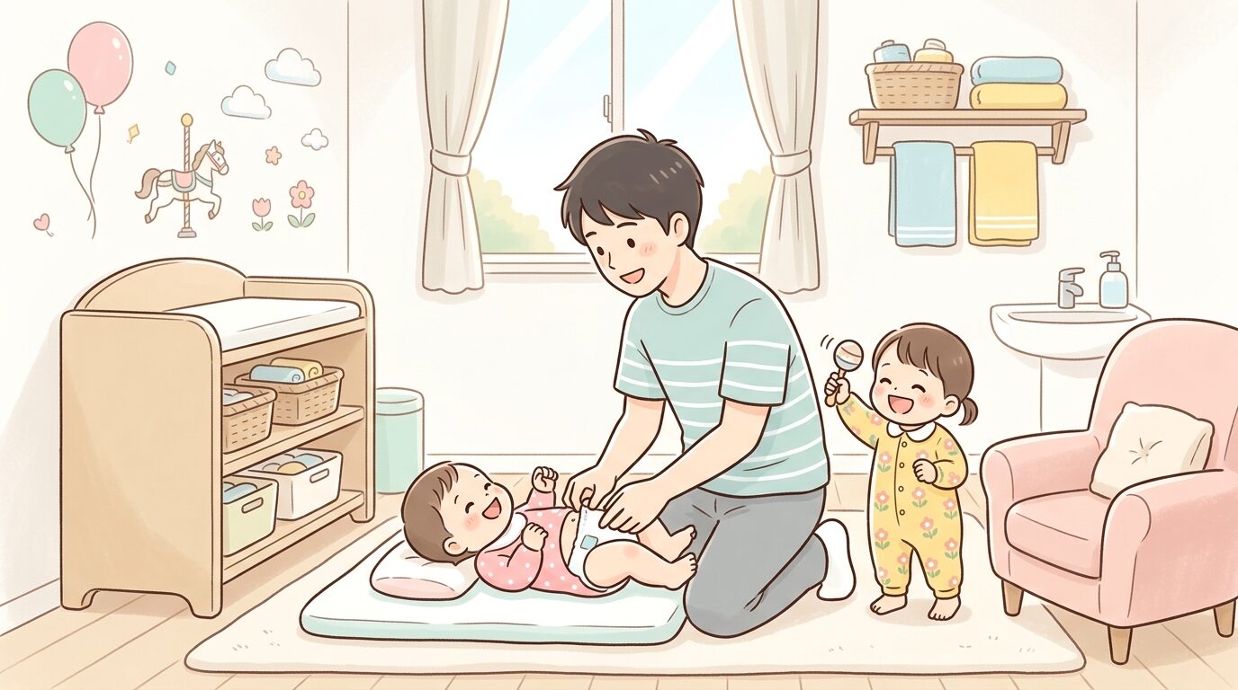 浅草花やしきの授乳室でおむつ替えをする父親と、隣でにこにこ笑う1歳児。清潔感のある明るい室内