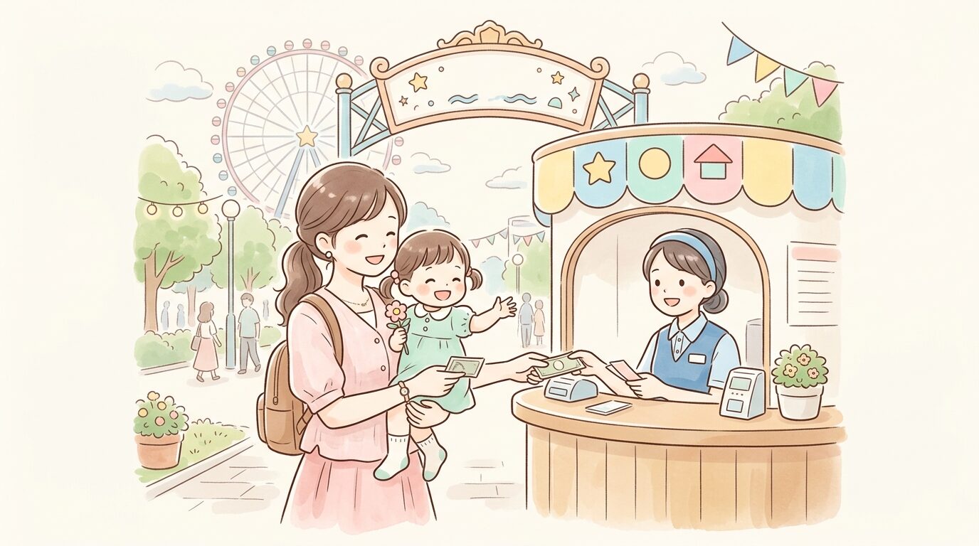 遊園地のチケット売り場で親が子どもを抱っこしながらチケットを購入している様子