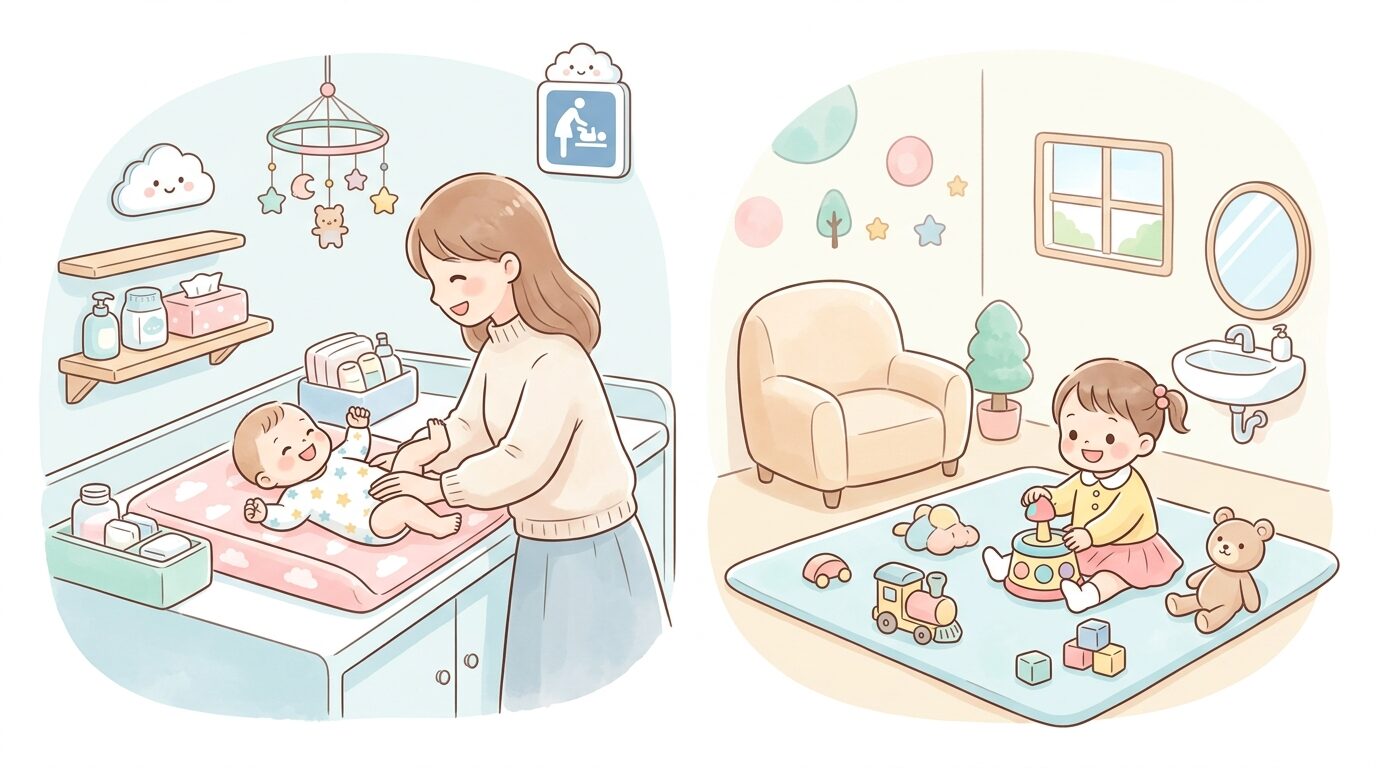 赤ちゃん休憩室でおむつ替えをしている親と、隣でおもちゃで遊ぶ幼児