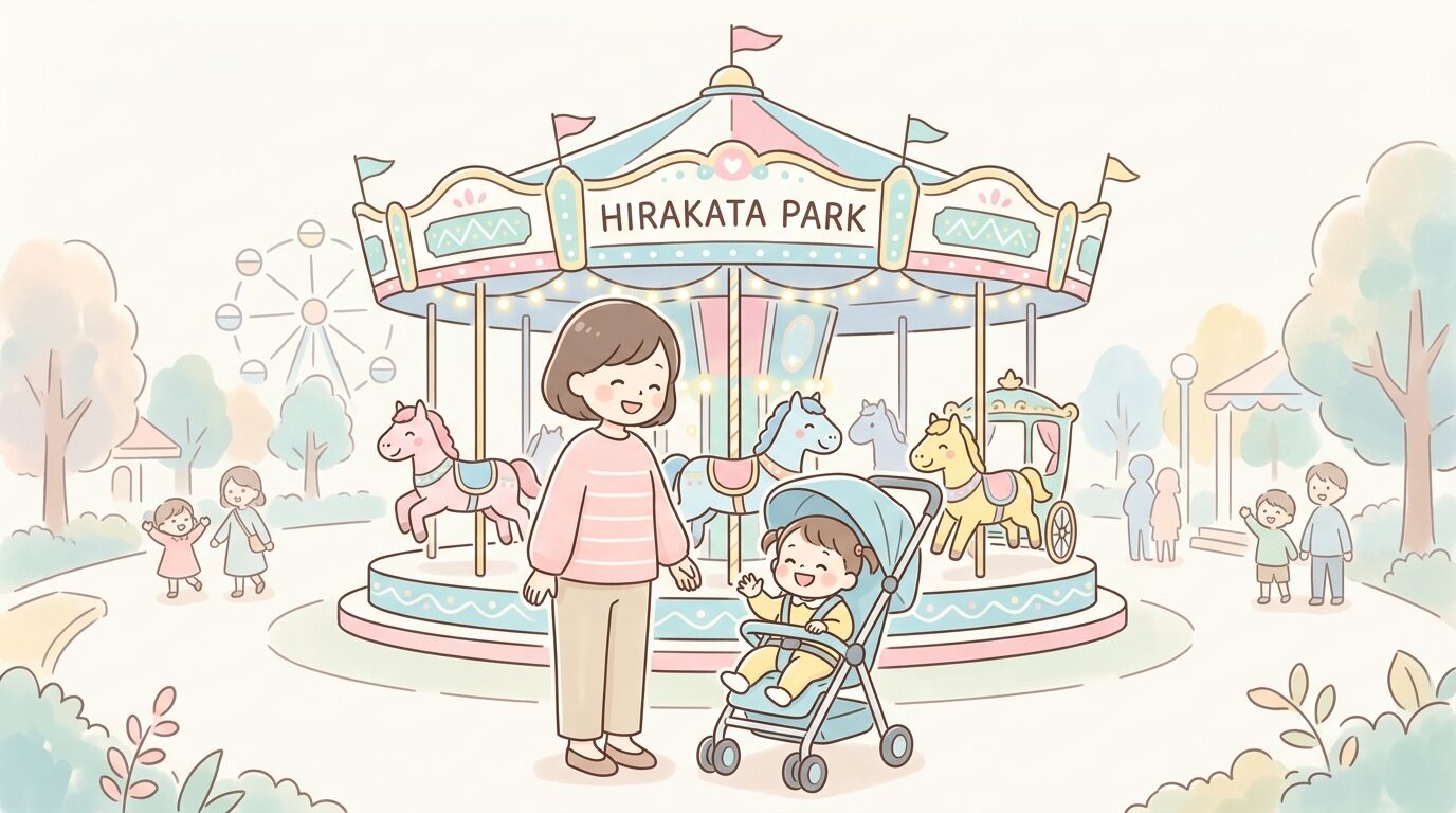 メリーゴーラウンドの前で笑顔のベビーカーに乗った幼児と見守る母親